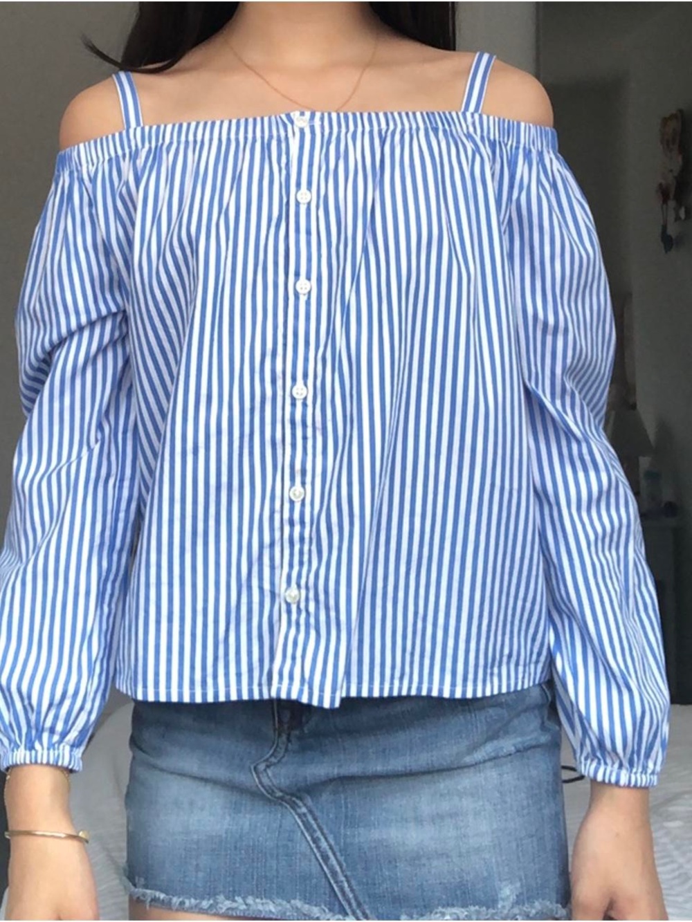 Polo Ralph Lauren Blue & White Striped Off-the-Shoulder Button Blouse